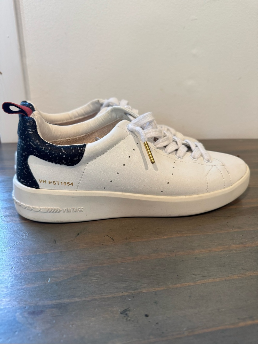 Vintage Havana White Leather Sneaker with Black & Gold Details